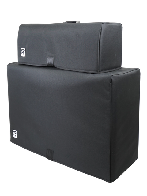 Vintage black suitcase with dual compartments, featuring the Rex Bassking Head & Cabinet Model BA600 from 1970.
