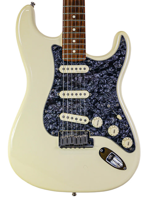 White electric guitar with a black and white paisley pattern, Fender Jeff Beck Signature Stratocaster, USA 2015 model.