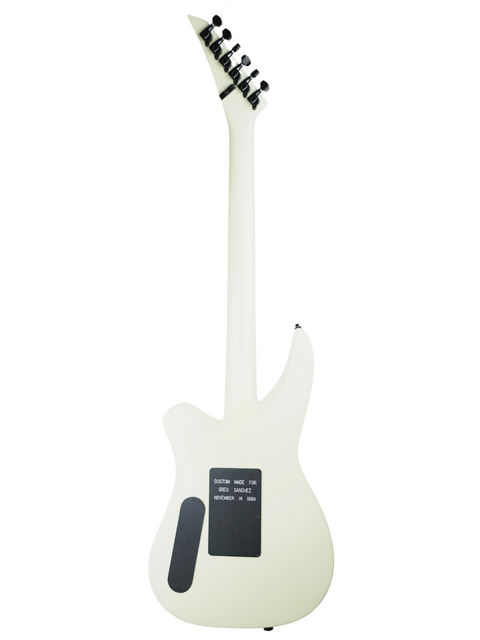 White electric guitar with a black pickguard, showcasing the Jackson Phil Collen Signature PC1 Archtop model from 1989.