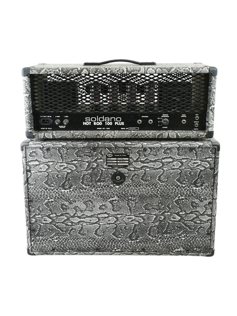 White snake skin guitar amp with a black head, showcasing the Soldano Hot Rod 100 Plus and Custom EB Cabinet from 2006.