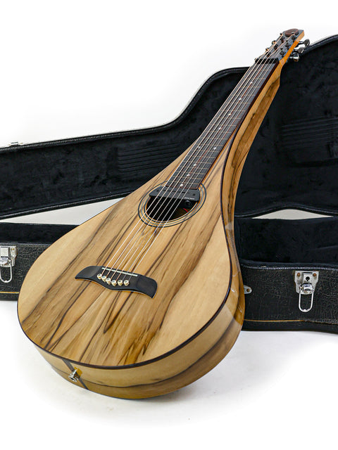 Wooden-bodied Tim Kill Custom Teardrop guitar from Australia, 2013, displayed in its protective case.