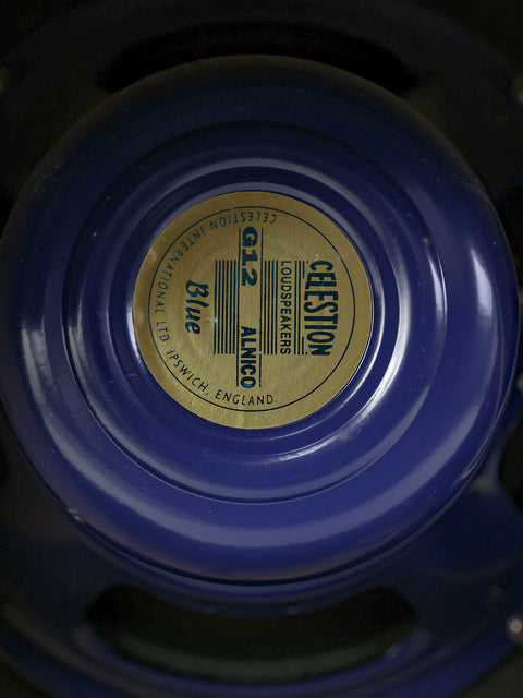 Zoomed view of Celestion Alnico Blue speaker label installed in Bruno Custom Underground 30 cabinet - USA 2013