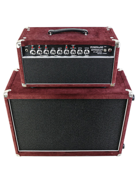exclusive Amplified Nation Wonderland V2 Overdrive showing maroon tolex finish and aluminum chassis construction