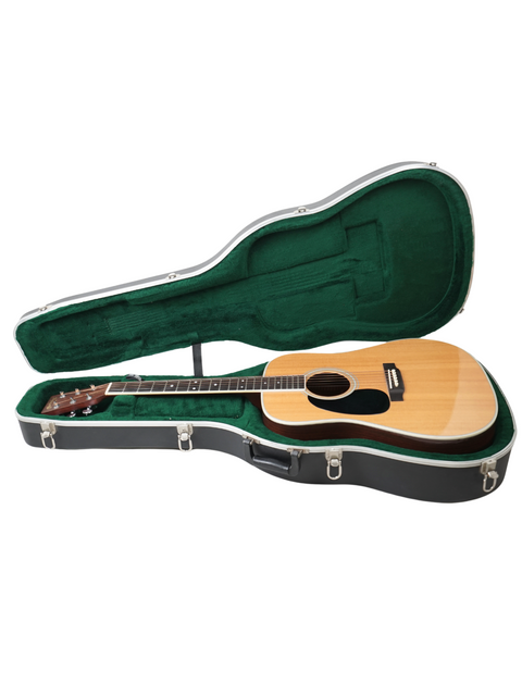green-covered guitar case with a wooden body, showcasing a Martin D-35 Left-Handed model from the USA, 2009.