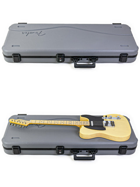mage of two guitar cases alongside a third case, showcasing the Fender Custom Shop 70th Anniversary Broadcaster, USA 2020.
