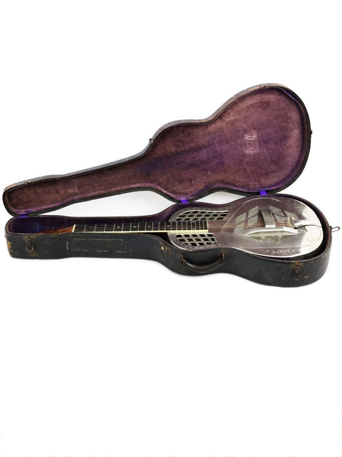 1931 National Tricone Style 2 Roundneck mandolin nestled in a purple-covered case, showcasing its vintage charm.