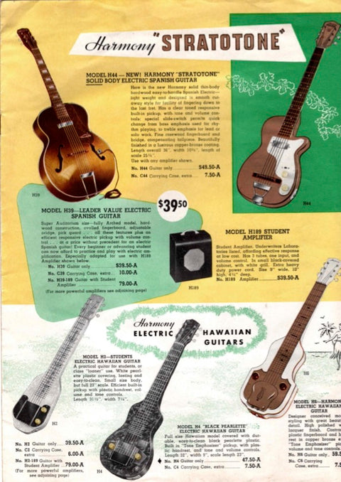 1950s guitar advertisement featuring the Harmony H44 Stratotone, emphasizing its retro style and iconic American heritage.