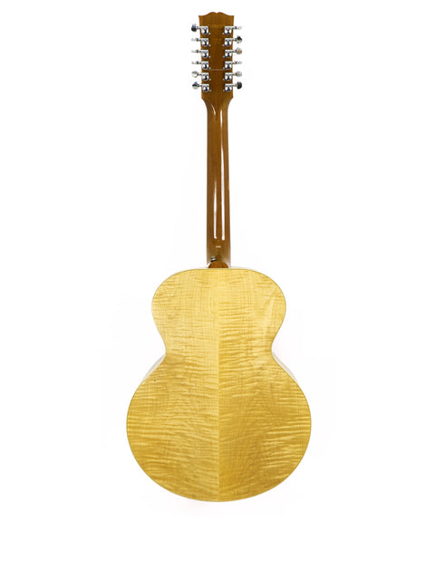 2000 Gibson J-185-12 string guitar showcasing a rich wooden back and neck, highlighting its craftsmanship.