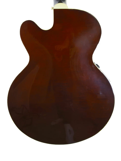 2001 Gibson J-180EC guitar in rich brown, displayed on a stark white background, highlighting its craftsmanship.