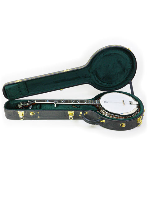 2008 Deering Golden Era Banjo resting in its case, displayed on a pristine white background.