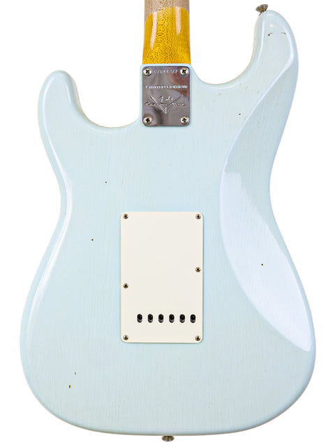 2019 Fender Custom Shop '59 Stratocaster Journeyman, featuring a sunburst finish and iconic Stratocaster shape.