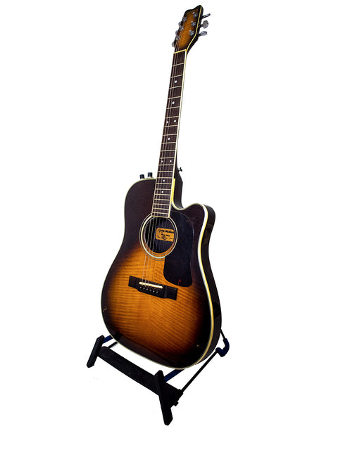 A 1984 Washburn Mirage Deluxe guitar showcased on a stand, contrasting beautifully with a white background.