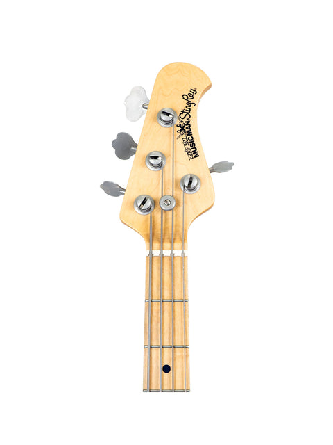 A 2008 Music Man Stingray 4 H Bass guitar displayed against a clean white background, highlighting its elegant features.
