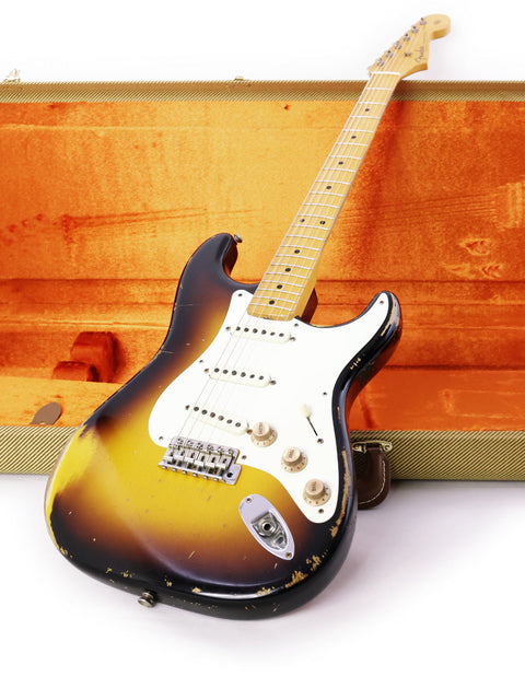 A Fender Stratocaster guitar in a case, showcasing the Jason Smith Masterbuilt '57 Reissue from 2015, USA.