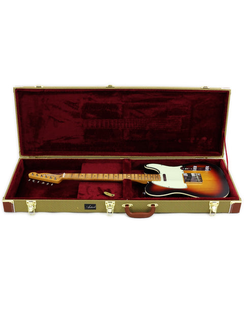 A Fender Telecaster guitar in a protective case, flaunting the 2021 Txxx Custom Style Partscaster's eye-catching matte sunburst.
