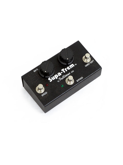A Fulltone Supa Trem pedal displayed prominently, surrounded by the repeated text "supertramp," emphasizing its musical vibe.