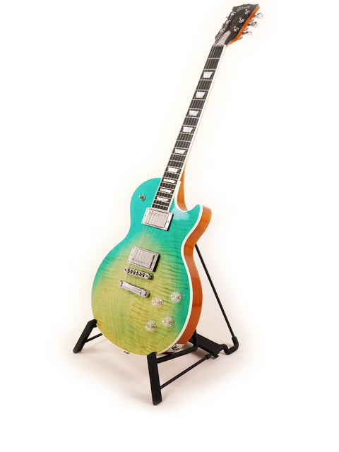 A Gibson Les Paul HP guitar displayed with a striking green and blue backdrop, highlighting its elegant features and finish.
