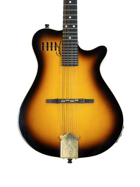 A Godin A8 Mandolin from Canada, 2019, featuring a striking sunburst finish on its body.
