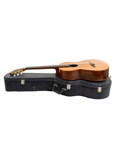 A K Yairi YC90 Concert Classical Guitar from Japan, 1987, nestled in its case on a white surface.