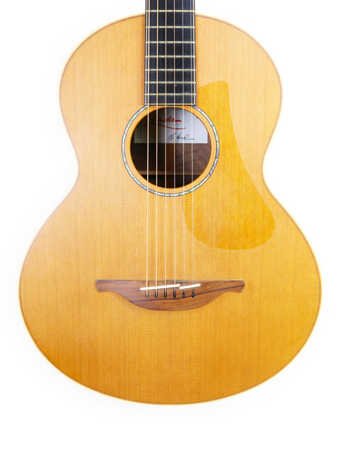A Lowden S-35 guitar displayed on a white background, showcasing its unique prototype design from Ireland, 2018.