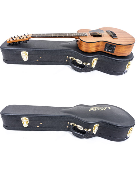 A Maton Mahogany Mini12 String EMM-12 guitar with its case, positioned against a bright white backdrop.
