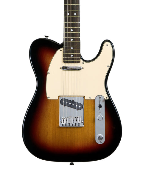 A Telecaster-style electric guitar with a sunburst finish against a white background.