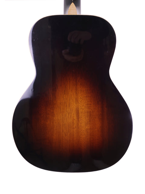 A beautiful brown sunburst finish adorns the back of a Beau Hannam Parlour acoustic guitar, crafted in Australia, 2009.