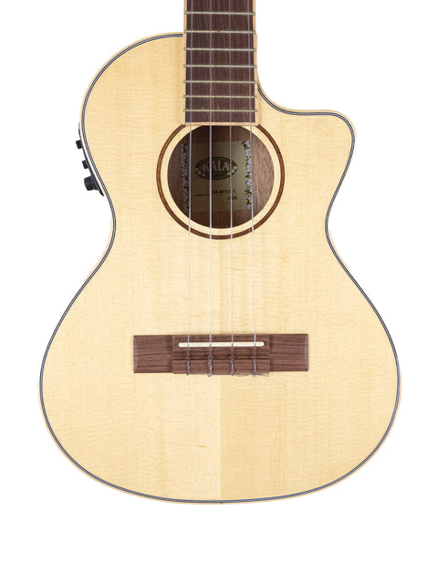 A beautifully crafted Kala KA-SKT GE-C Tenor Ukulele with a wooden body, displayed on a pristine white background for emphasis.