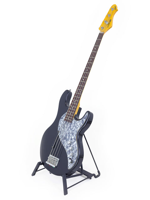 A black Line 6 Variax bass guitar resting on a stand, highlighted by a bright white background for a striking visual effect.