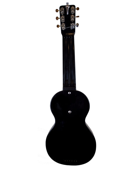 A black Rickenbacher Electro Lap Steel guitar set against a clean white background, showcasing its vintage design from the 1930s.