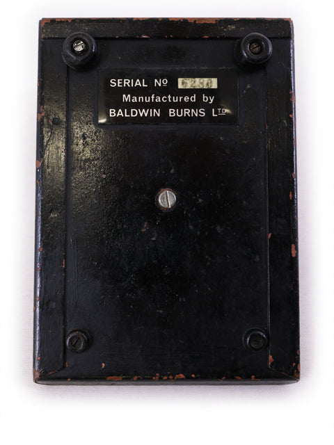  A black box displaying "Serial Number," associated with the Baldwin Burns Buzzaround Fuzz Pedal, UK, 1966.