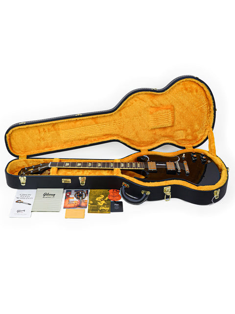 A black electric guitar with its case and accessories, representing the Gibson Custom Shop '64 SG Murphy Lab from the USA, 2022.