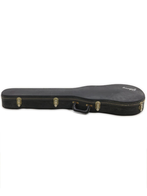 A black leather-covered guitar case for a 1972 Vintage Gibson Les Paul Custom, highlighting its timeless elegance.