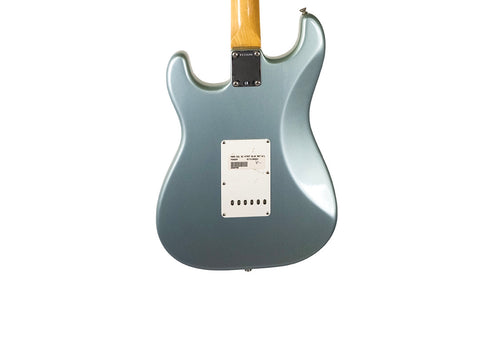 A blue electric guitar with a white pickguard, shown from the back.