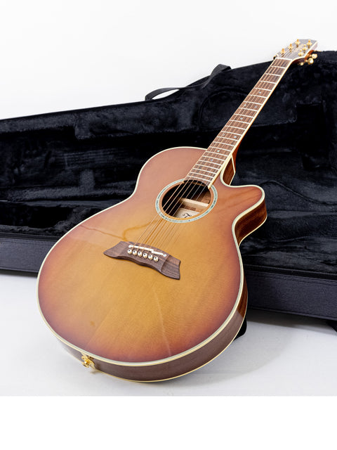 A brown acoustic guitar, the Takamine TSP138C TB Thinline, securely housed in a case, ready for transport.
