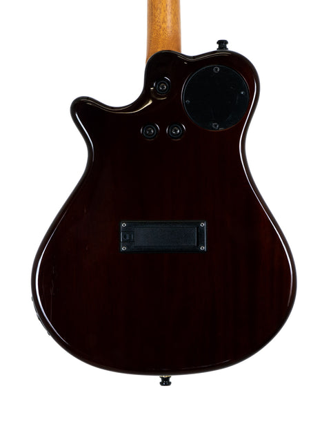 A brown electric guitar with a black pickguard, known as Godin A8 Mandolin, made in Canada in 2019.