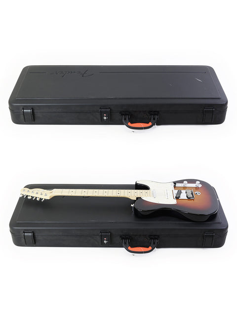 A case containing two guitars, featuring a Fender Nashville B-Bender Telecaster, set on a white background.