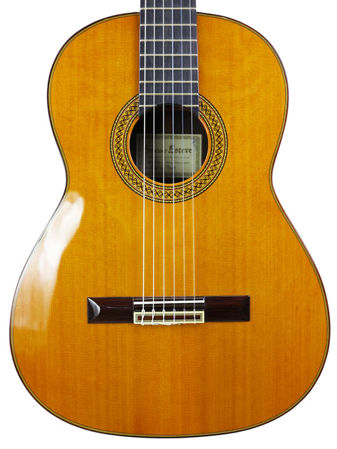 A classical guitar, model Francisco Esteve 9C/B from Spain, set against a clean white background, highlighting its beauty.