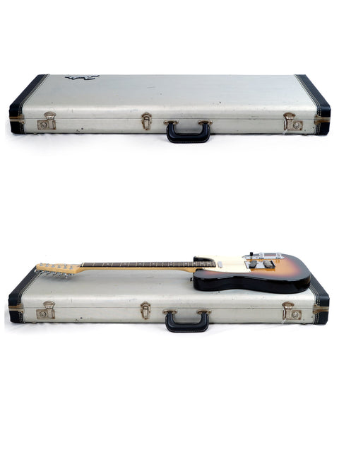 A closed guitar case at the top and the same case opened revealing a guitar at the bottom.