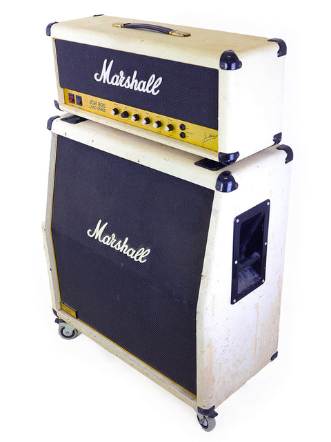 A collection of Marshall amplifiers on wheels, including a vintage JCM800 2204 Tube Head and 4x12 Quad Cabinet.
