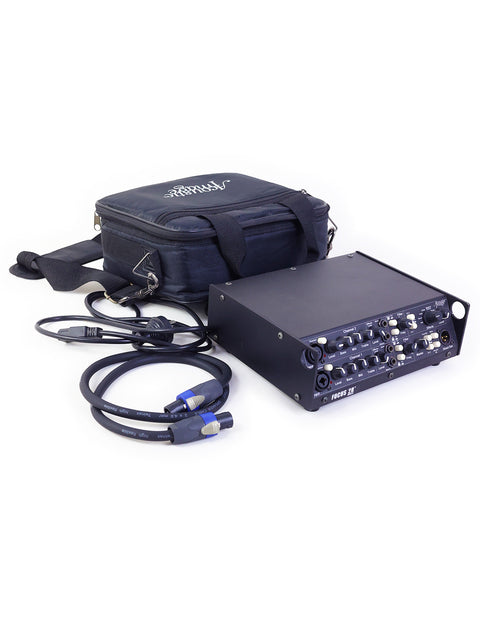 A compact bag featuring a power supply, cables, and a power cord designed for the Acoustic Image Focus 2R Series 3 amplifier.