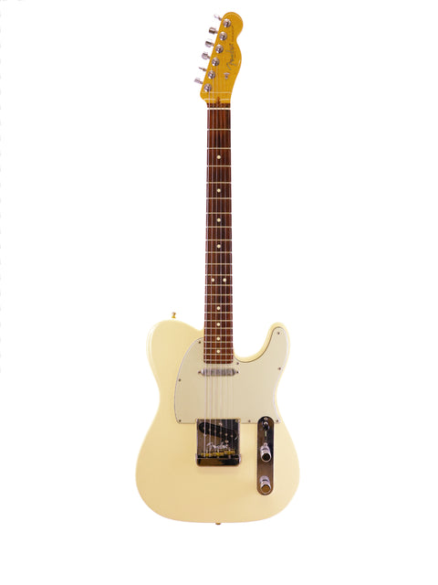 A cream-colored electric guitar with a single cutaway and rosewood fretboard isolated on a white background.