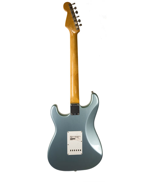 A gray electric guitar isolated on a white background, with a wooden neck.