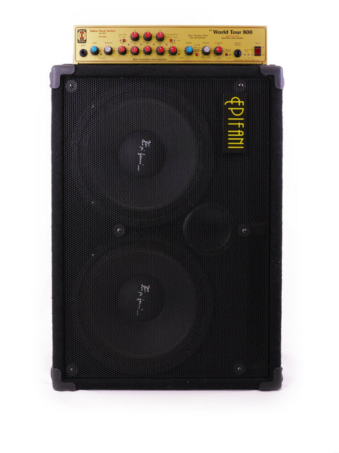 A large Eden World Tour 800 speaker with two smaller speakers on top, showcasing a powerful bass cabinet setup.