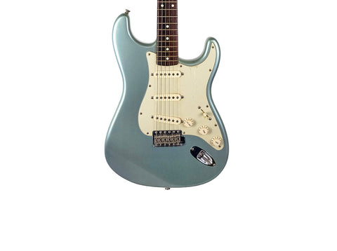 A light blue electric guitar with a white pickguard and dark fretboard isolated on white.