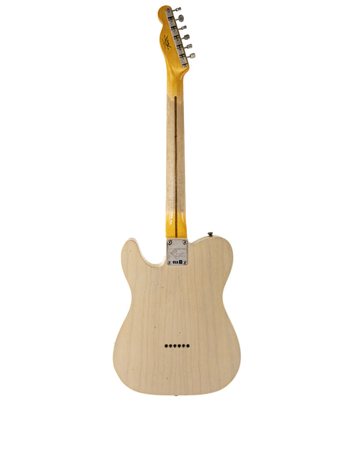 A limited edition 2018 Fender Custom Shop '50s Thinline Relic Telecaster, featuring a white body and vibrant yellow neck.