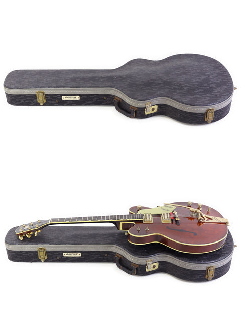 A pair of 1967 Gretsch 6122 Chet Atkins guitars, featuring matching designs and colors, highlighting their classic appeal.