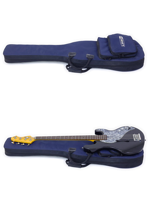 A pair of guitars in their cases alongside a bag, highlighting a Line 6 Variax Bass from Korea, 2004, on a simple backdrop.