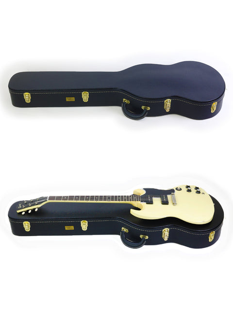 A pair of white guitars with black cases displayed against a white backdrop, showcasing the Gibson Custom ‘63 SG Special from 2020.