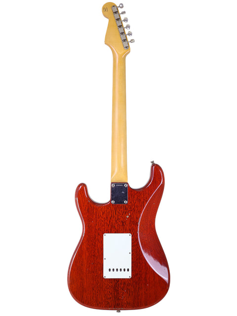 A red electric guitar featuring a white body, specifically the 2019 Fender Custom Shop Jason Smith Masterbuilt Stratocaster.